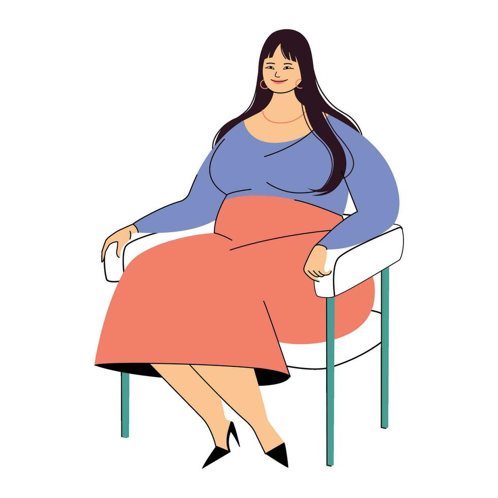 Beautiful plus size woman wearing in red skirt and high heel shoes. An attractive curvy model with long natural hair sitting on the chair. Vector illustration.
