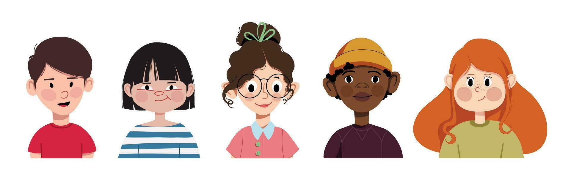 conjunto de para niños avatares. sonriente caras de pequeño niño Niños y muchachas de diferente etnias dibujos animados caracteres. vector ilustración aislado en un blanco antecedentes.
