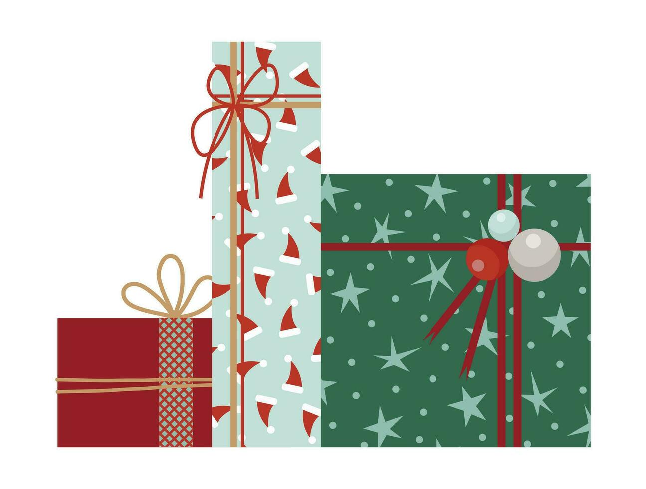 Wrapped Christmas gift boxes. New Year present boxes with ribbons, bows, green and red wrapping papers. For greeting cards, banners, web illustrations, icons, or logos. Vector illustration EPS 10