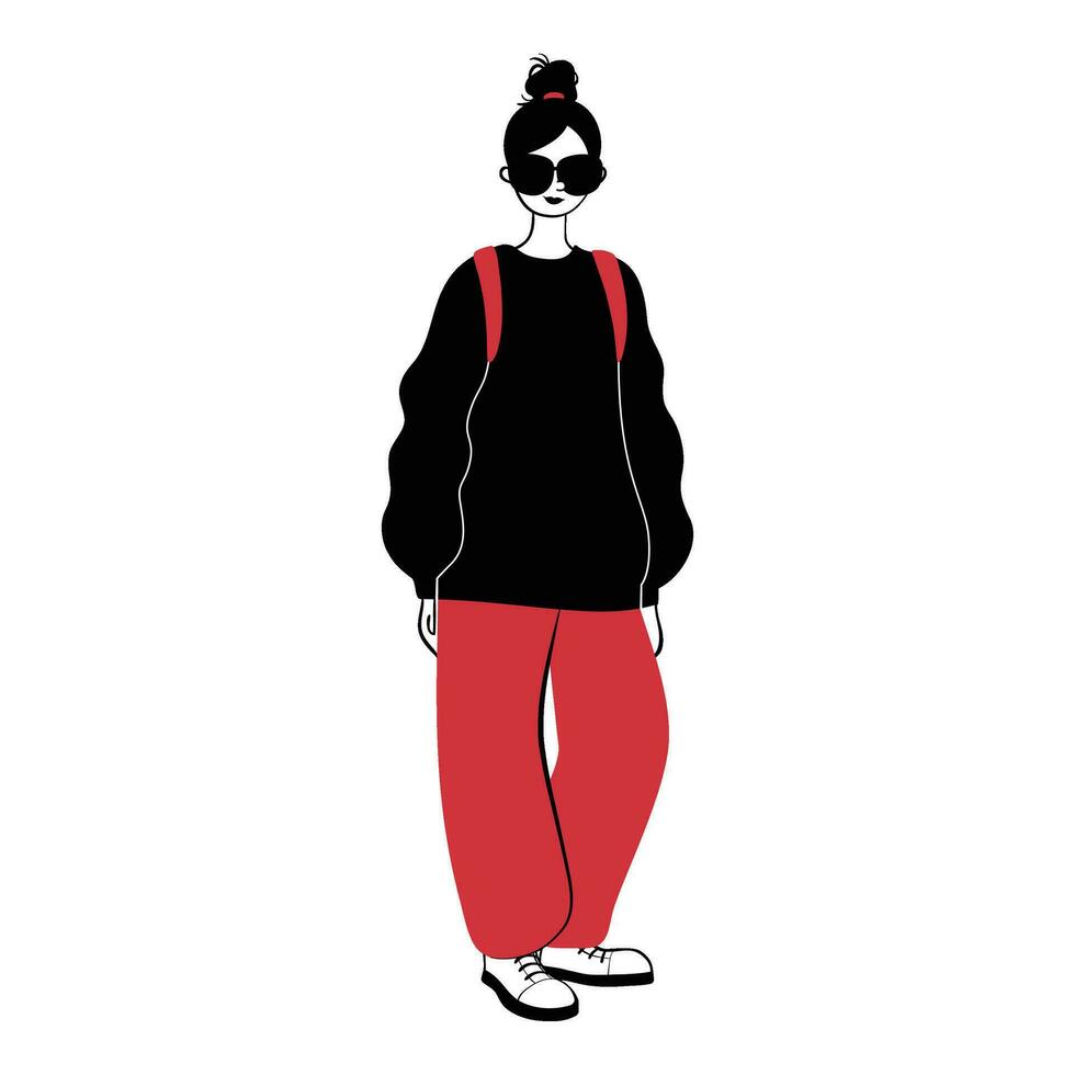 Young woman standing in casual clothes outfit. Modern hand drawn female character. Happy girl wearing sunglasses black sweater. Flat vector illustration isolated on white background.