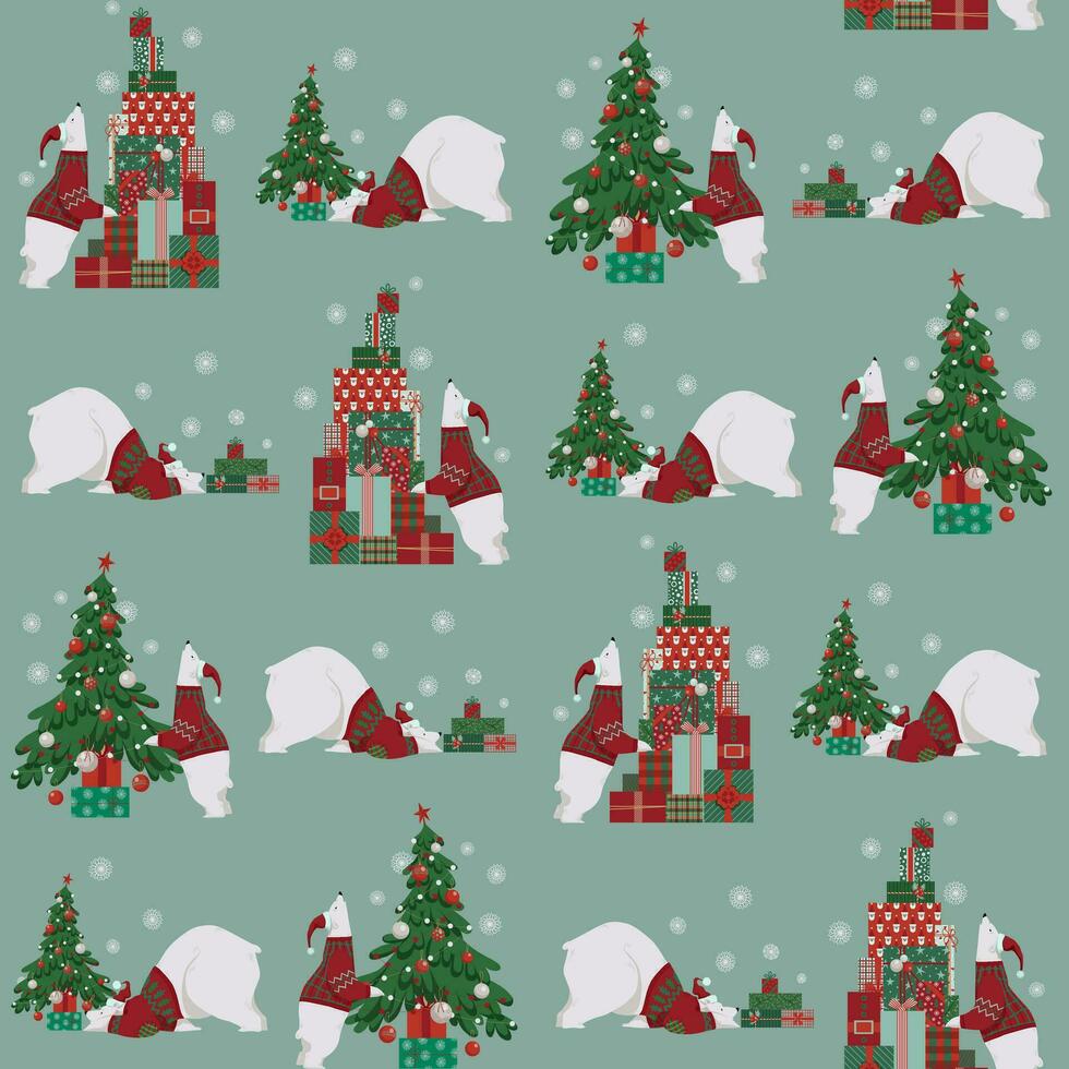 sin costura Navidad modelo con un polar oso, regalo cajas, y un Navidad árbol en un azul antecedentes. invierno Días festivos vector superficie modelo. nuevo año vector diseño para embalaje, tela, y envase.