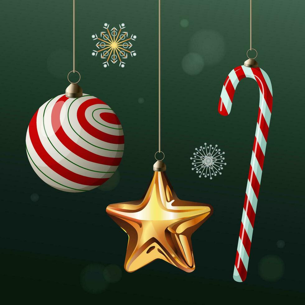 Navidad árbol decoraciones y juguetes Navidad pelota, oro estrella y caramelo caña. nuevo año diseño elementos para saludo tarjeta invitación o bandera. vector ilustración.