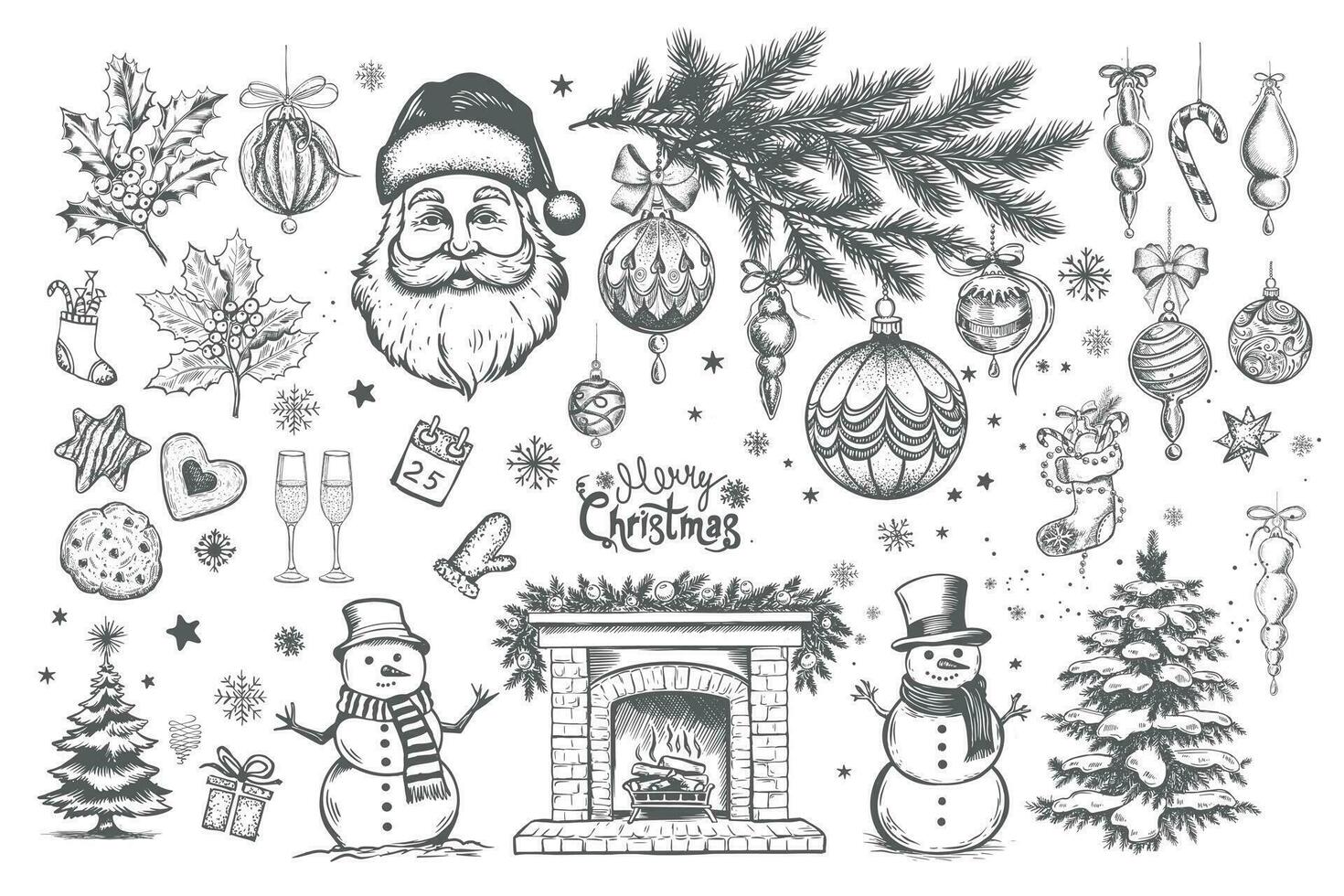 Christmas set in sketch style. Hand drawn illustration vector