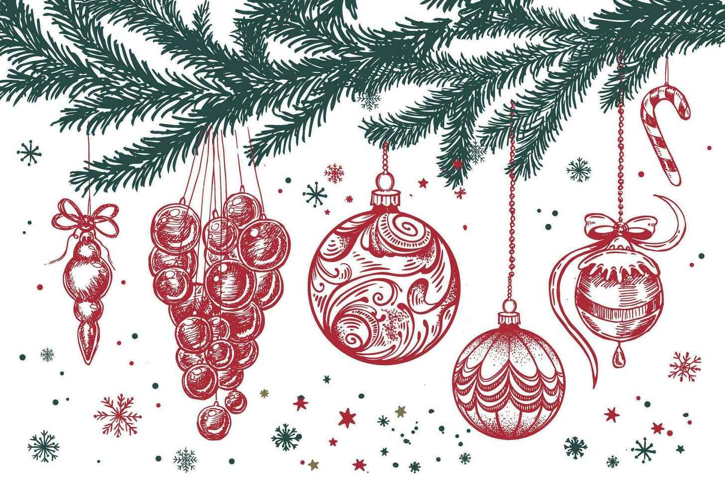 Christmas tree, toys, hand drawn style, vector illustration