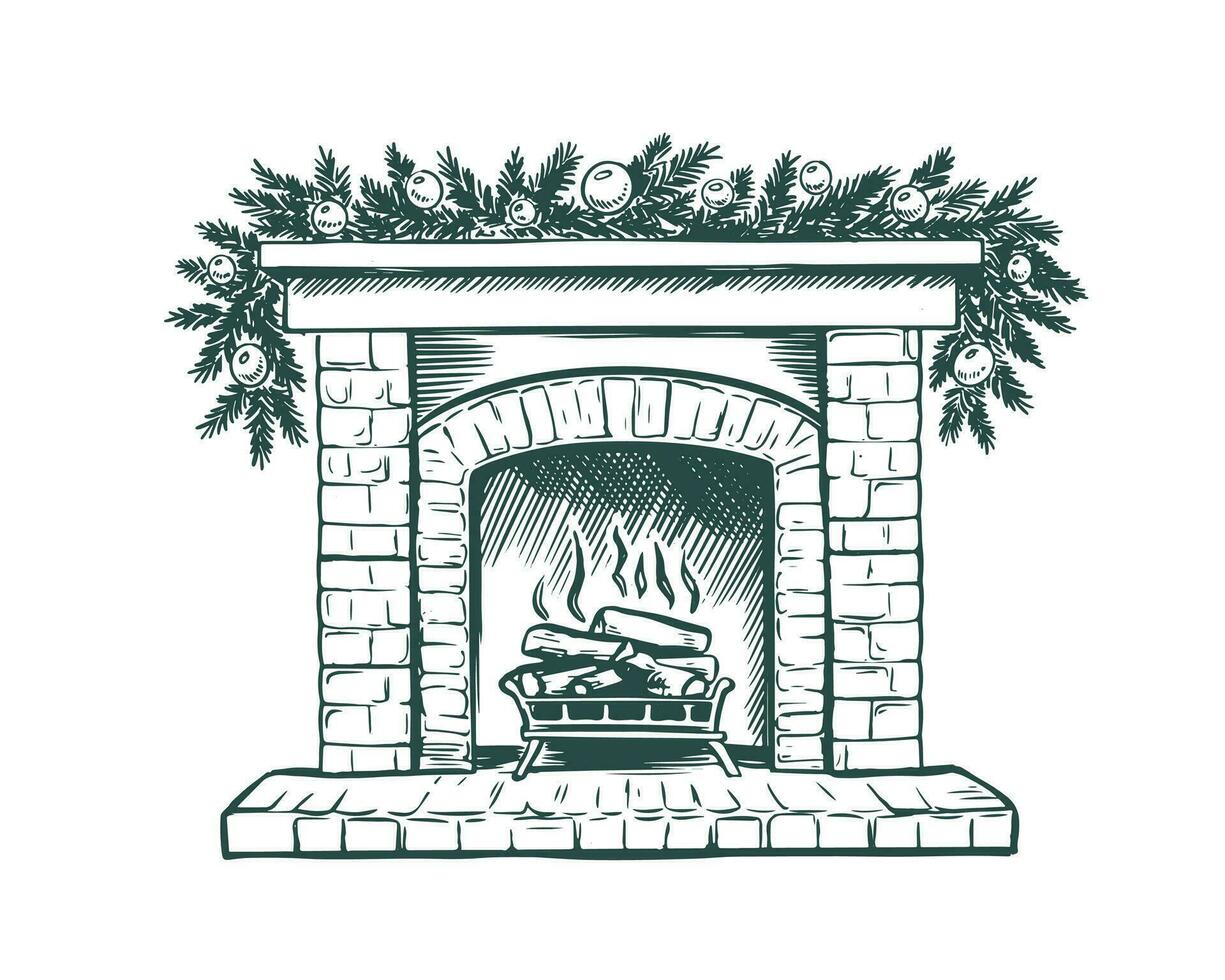 Fireplace with socks and Christmas decorations, hand drawn illustration. Vector. vector