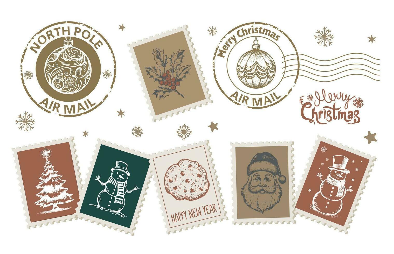 Christmas Stamps hand drawn set. vector