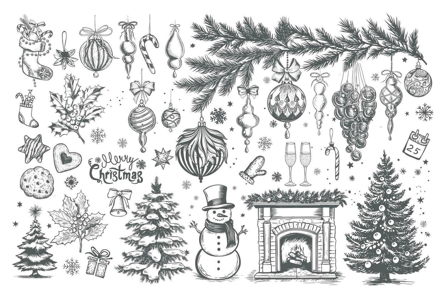 Christmas tree, toys, hand drawn style, vector illustration