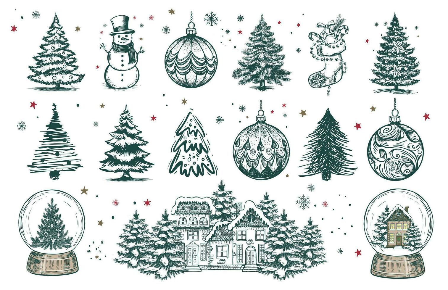 Christmas tree, toys, hand drawn style, vector illustration