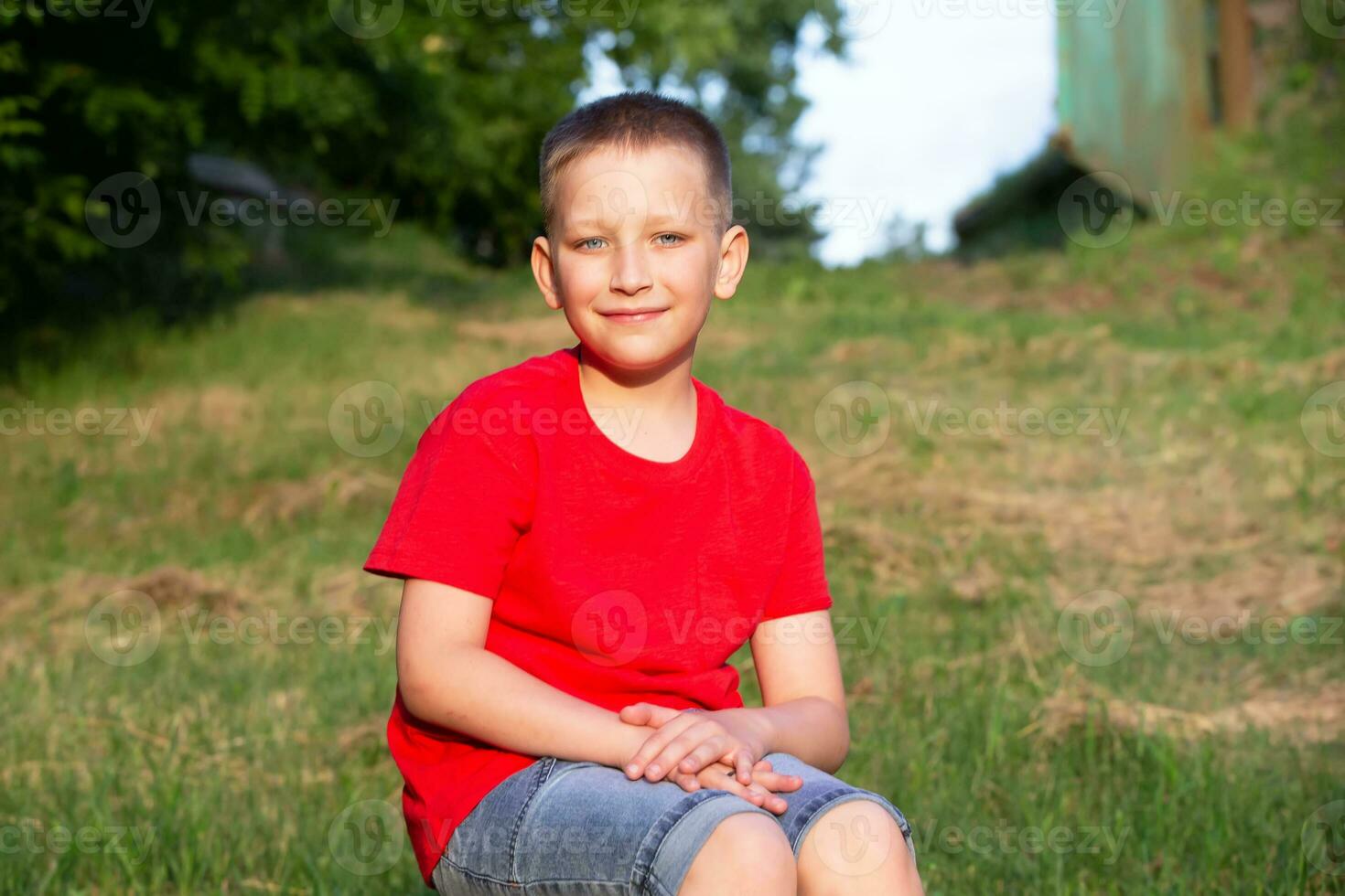 A boy in a red T-shirt sits on the background of summer nature. photo