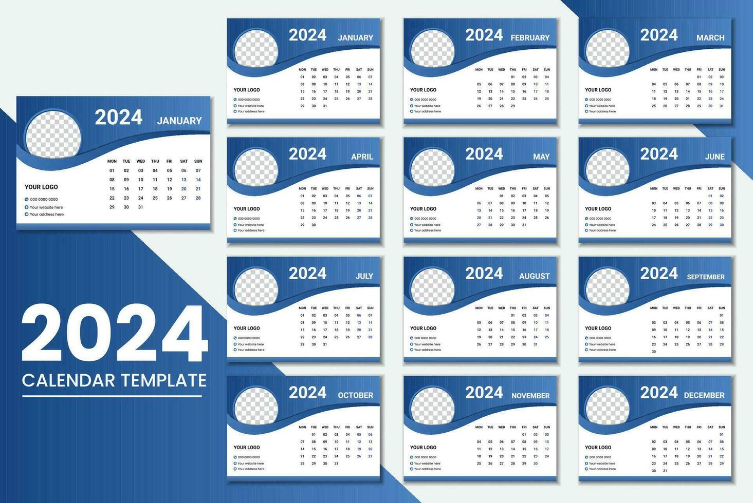 Desk Calendar 2024 Or Monthly Weekly Schedule New Year Calendar 2024 Design Template. vector