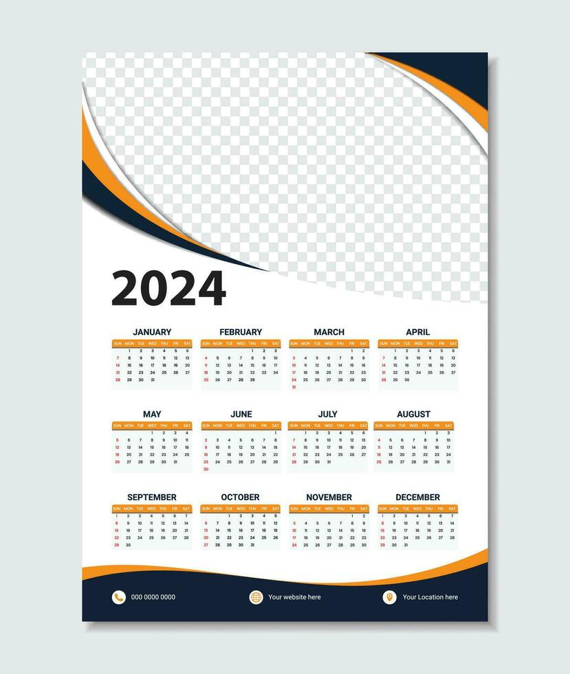 Monthly calendar template for 2024 year. Week Starts on Sunday. Wall calendar template design. vector