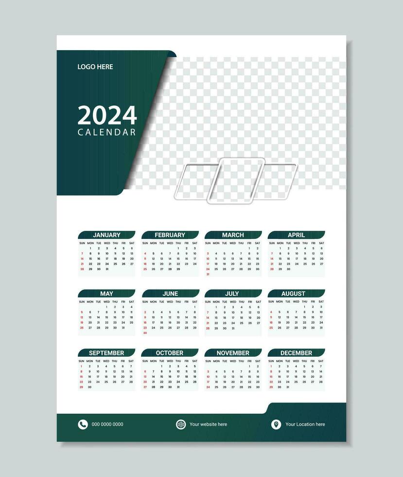 Monthly calendar template for 2024 year. Week Starts on Sunday. Wall calendar template design. vector