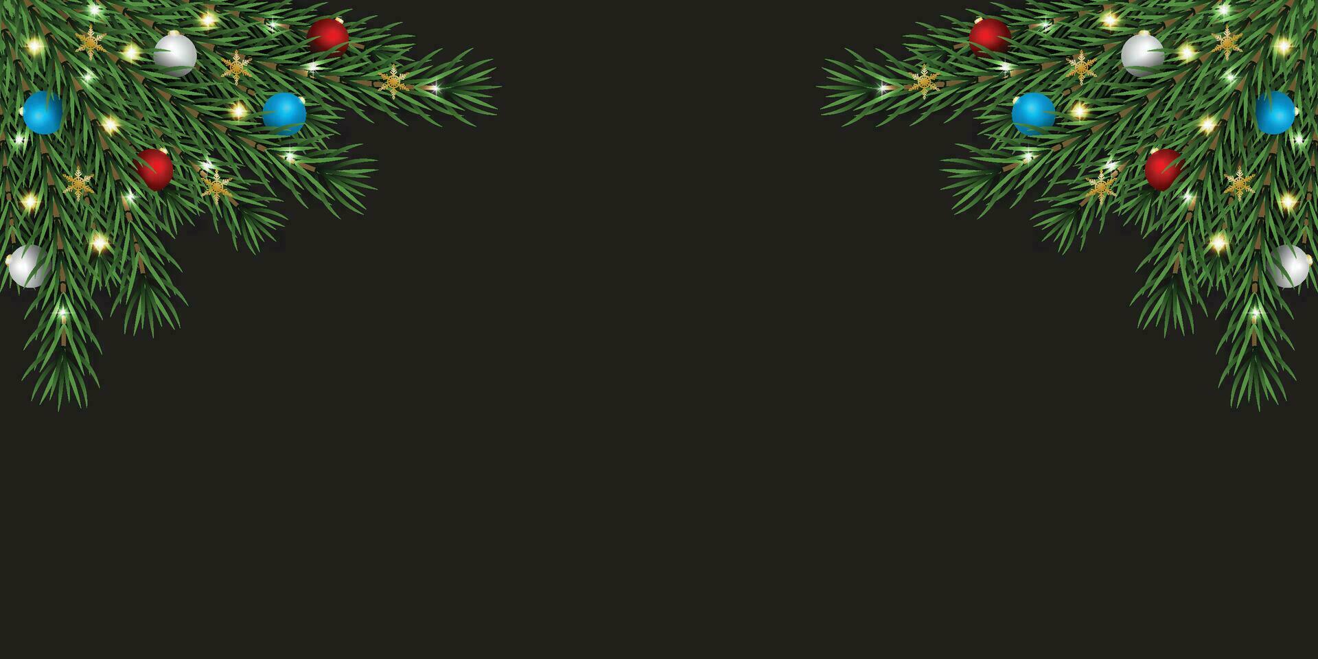 Realistic Christmas banners with green leaves and red and white balls with light vector