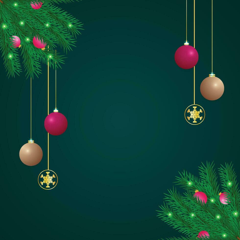 Realistic Christmas posts with green leaves and balls with and light vector