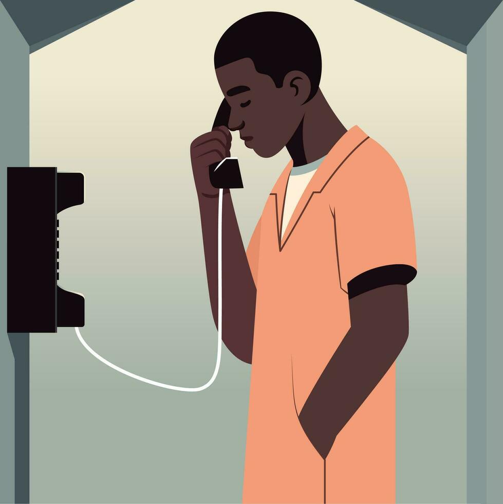 Young black man in a prison setting, standing inside a phone booth, deep in conversation, flat style vector illustration, Prisoner taking a phone call, stock vector image