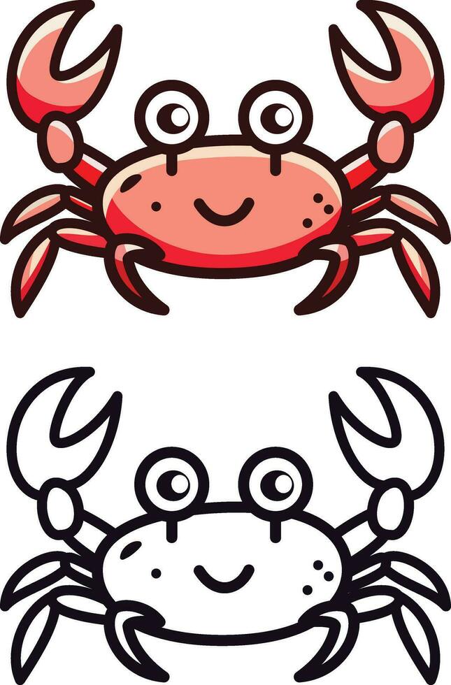 Cute Crab doodle style vector illustration, Cute crab sea creature doodle cartoon style colored and black and white line art for coloring book stock vector image