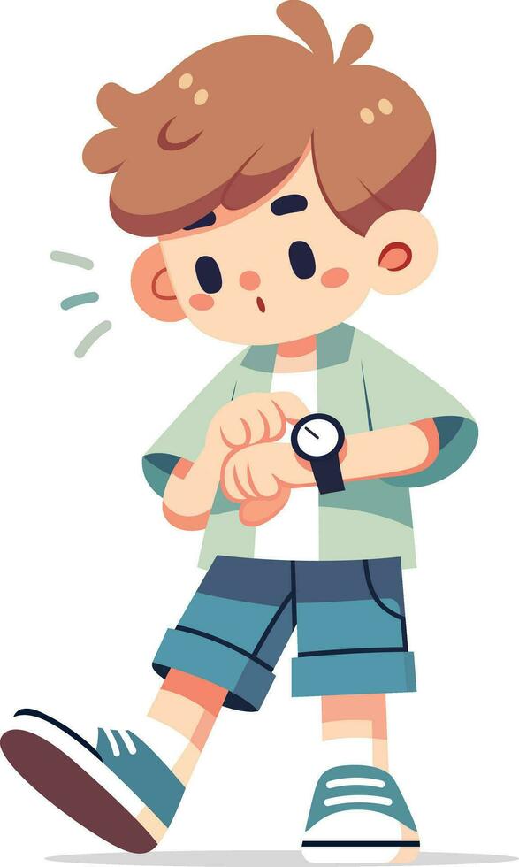 Impatience, Little boy with tousled hair, tapping his foot and frequently checking his wristwatch, vector illustration, Boy waiting impatiently, stock vector image