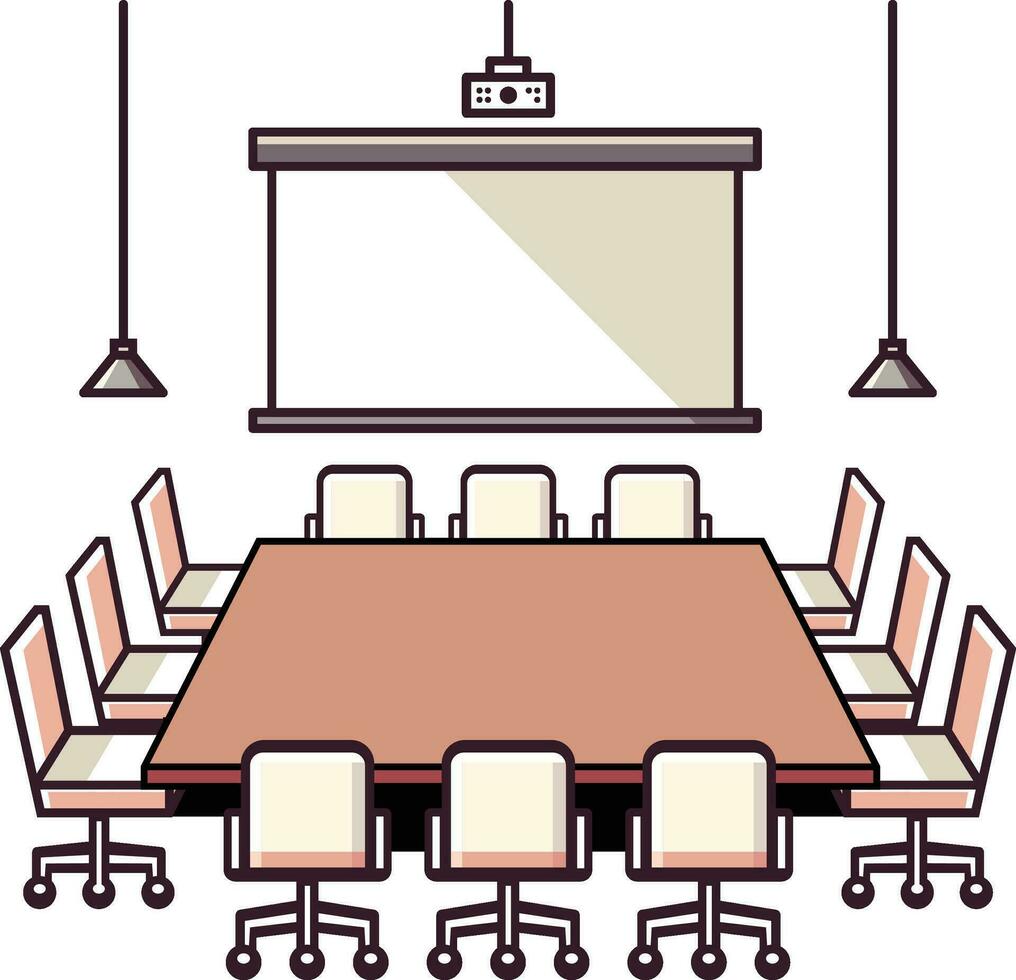 Empty conference room, vector illustration, central lengthy wooden table with chairs placed around, meeting room, office environment, stock vector image