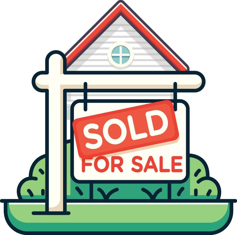 House for Sale sign and a vibrant red sticker reading SOLD placed diagonally on top vector illustration, Property for sale real estate sign sticker SOLD stock vector image