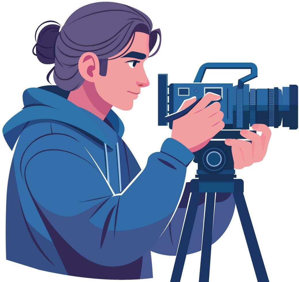 Cinematographer operating a camera on a film set, vector illustration, videographer recording or capturing a video using a film camera on a tripod, side view stock vector image