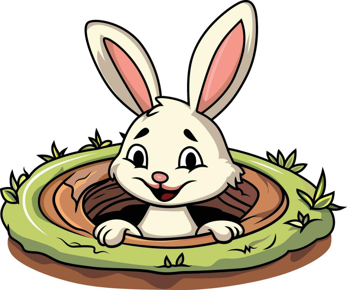 Cute rabbit coming out of a rabbit hole cartoon vector illustration, Happy bunny peeking out of a ground hole stock vector image, colored and black and white line art