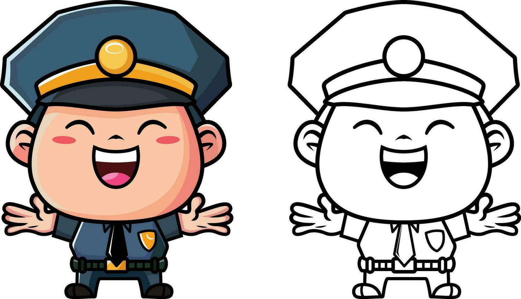 Happy Policeman, security guard cartoon vector illustration, Happy policeman with a smile colored and black and white line drawing vector image