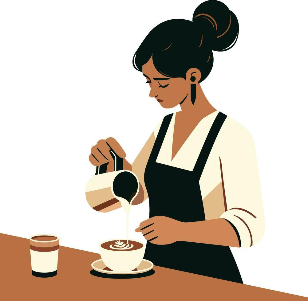 Barista, Hispanic, crafting latte art on the coffee vector illustration, milk coffee artist, espresso bar barista stock vector image