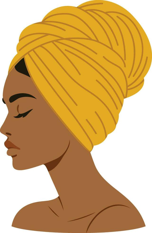 mujer con aceituna piel vistiendo un amarillo turbante toalla en su cabeza, vector ilustración, negro ébano mujer vistiendo un amarillo turbante toalla en cabello, cerrado ojos, lado vista, valores vector imagen