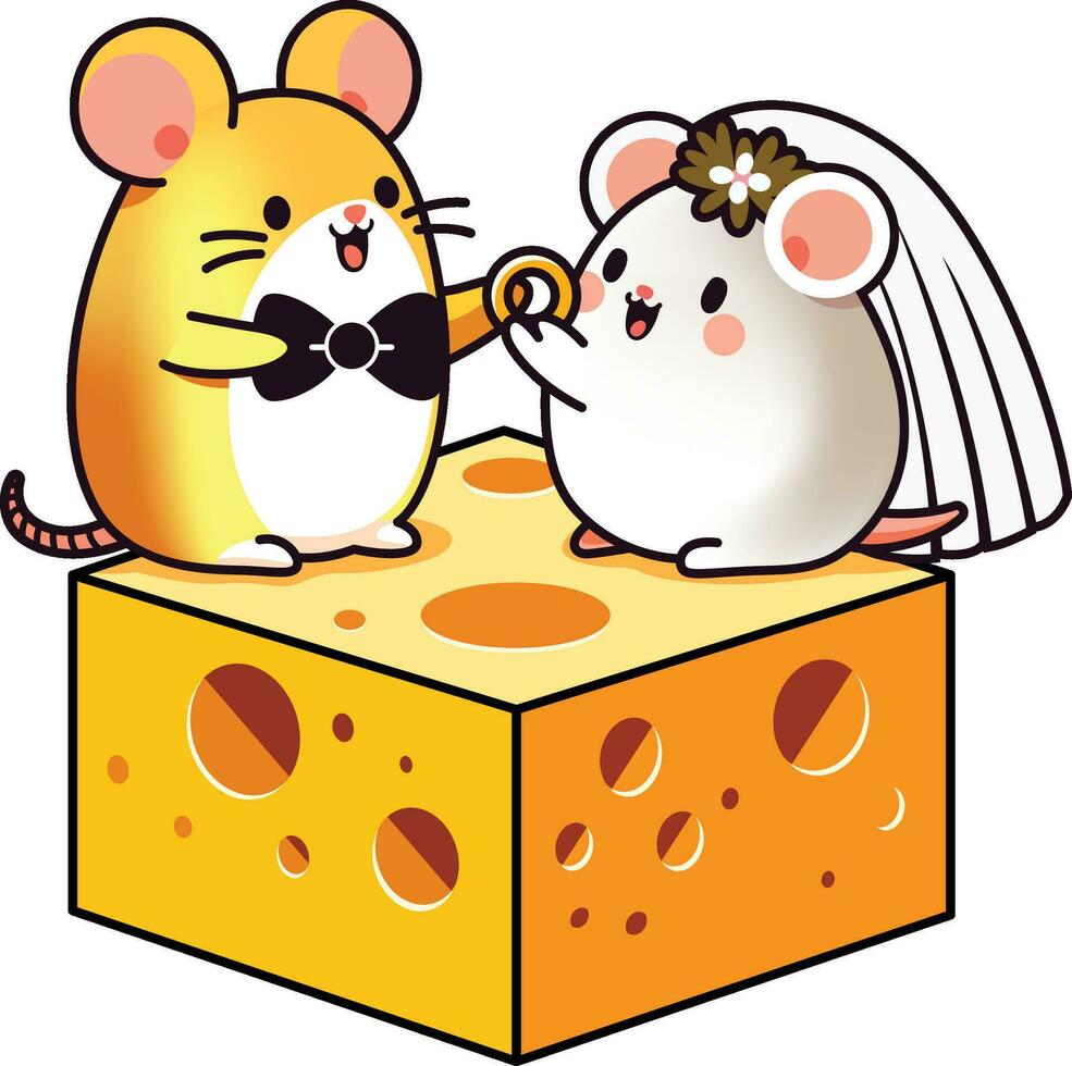 Hamster wearing a bowtie and a mouse in a veil, exchanging rings atop a piece of cheese vector illustration, hamster and mouse marriage wedding stock vector image, hamster or mouse couple