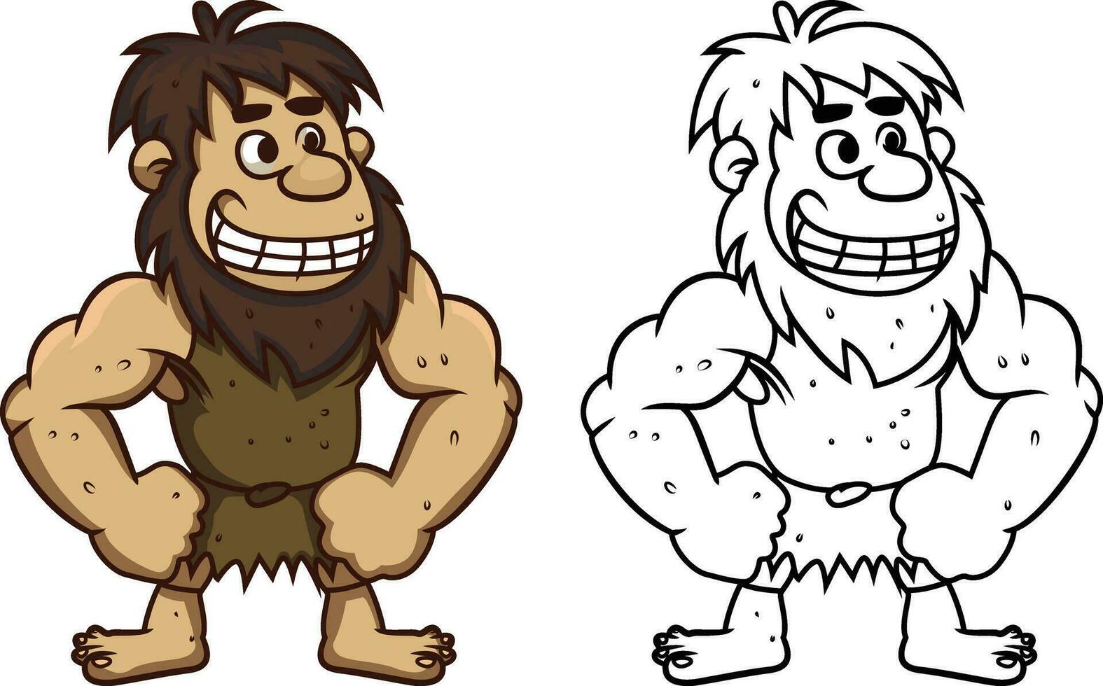 Caveman cartoon vector illustration , primitive humans , prehistoric muscular man mascot character colored and black and white line art vector image