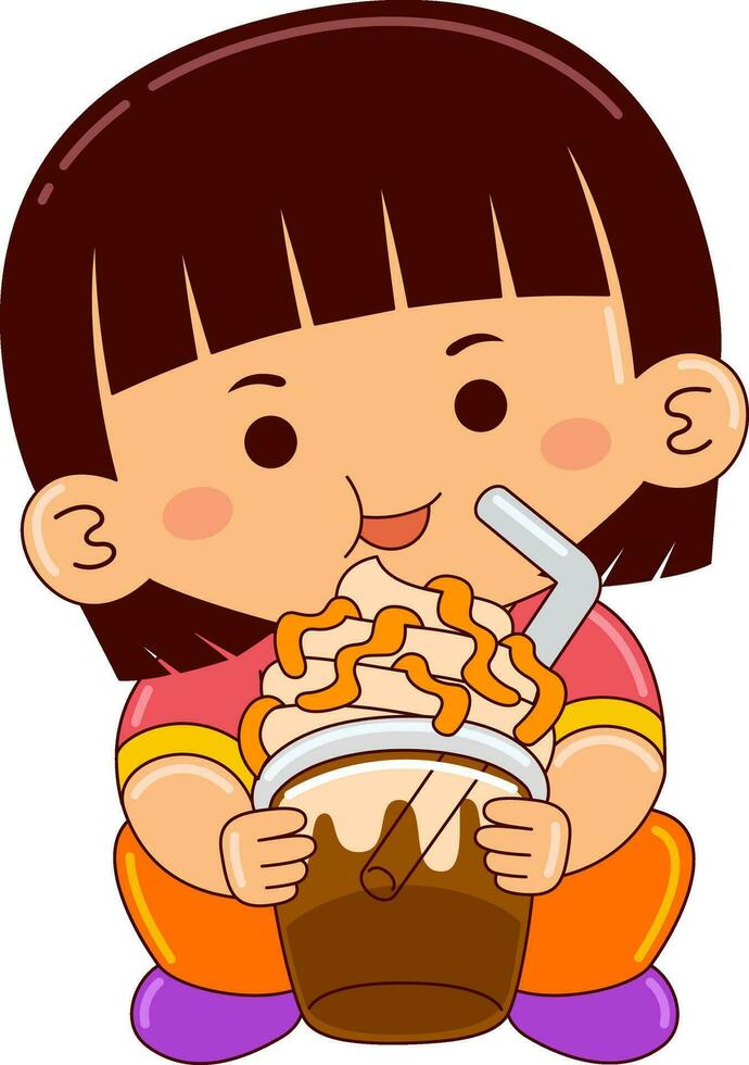 girl kids drinking iced bubble vector illustration