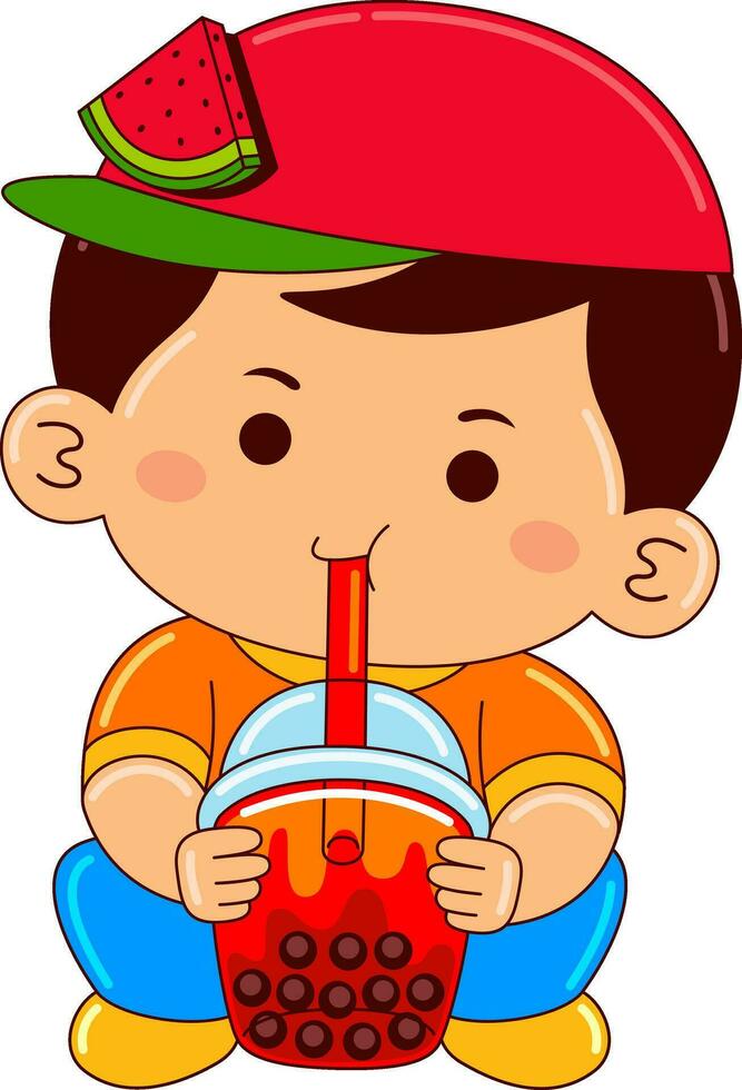 boy kids drinking iced bubble vector illustration