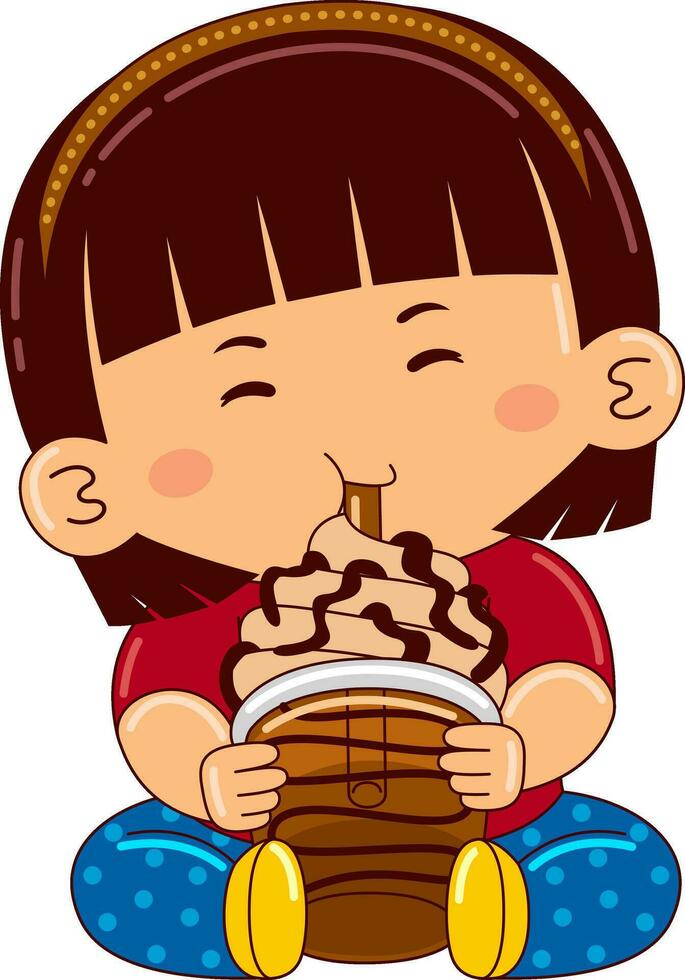 girl kids drinking iced bubble vector illustration