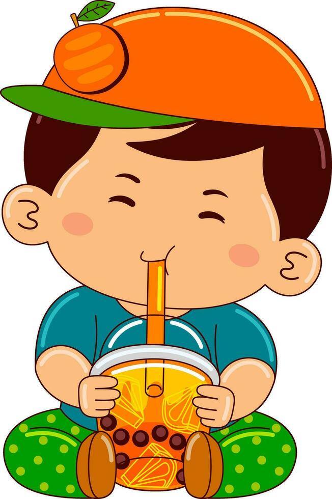 boy kids drinking iced bubble vector illustration