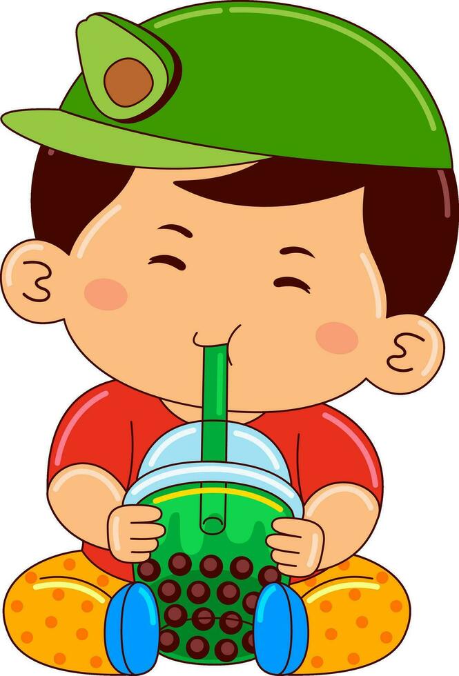 boy kids drinking iced bubble vector illustration