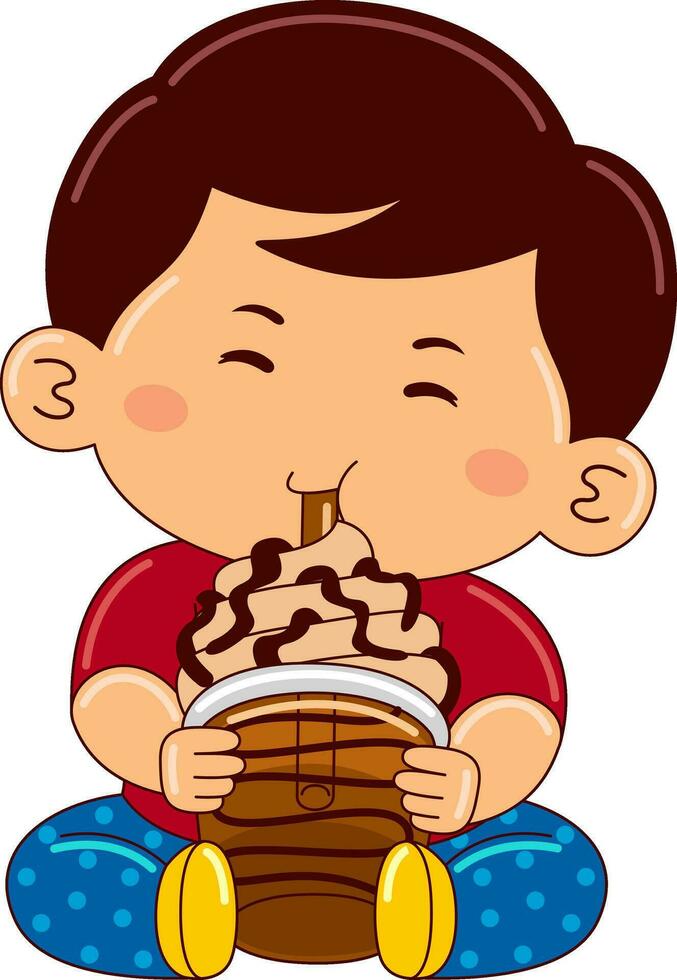 boy kids drinking iced bubble vector illustration