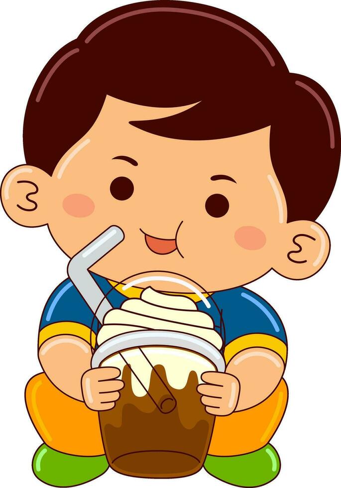 boy kids drinking iced bubble vector illustration