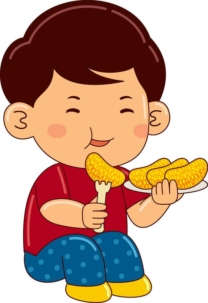 cute boy kids eating vector illustration