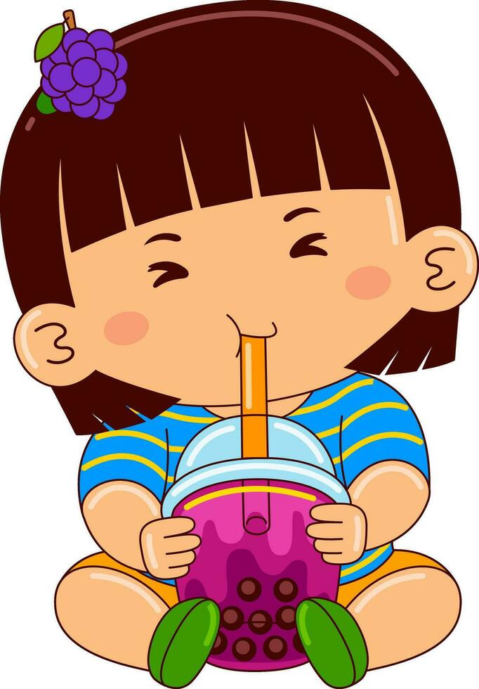 girl kids drinking iced bubble vector illustration