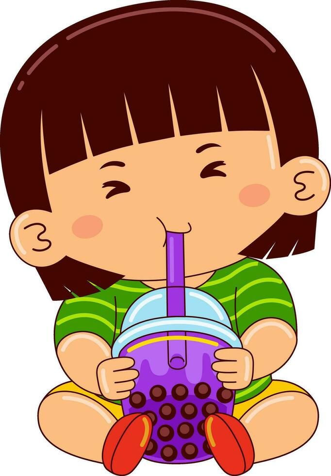 girl kids drinking iced bubble vector illustration