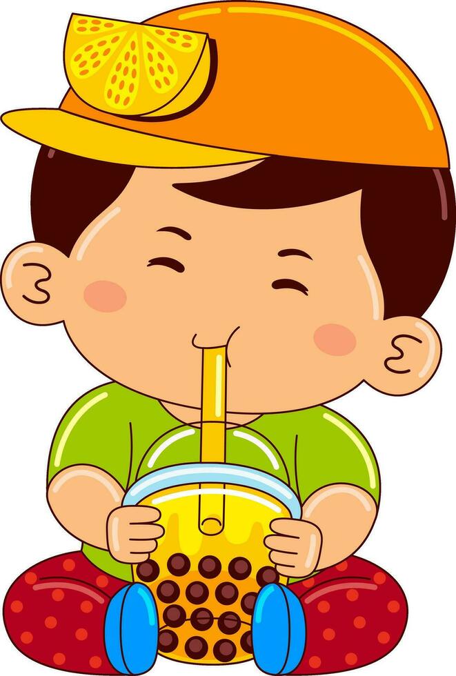 boy kids drinking iced bubble vector illustration