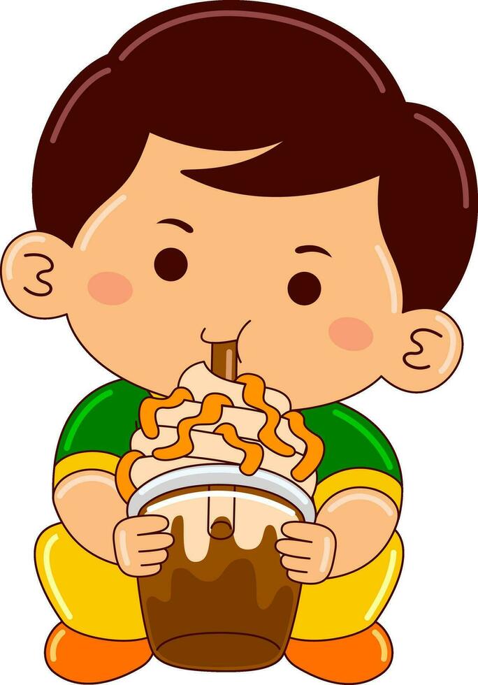 boy kids drinking iced bubble vector illustration