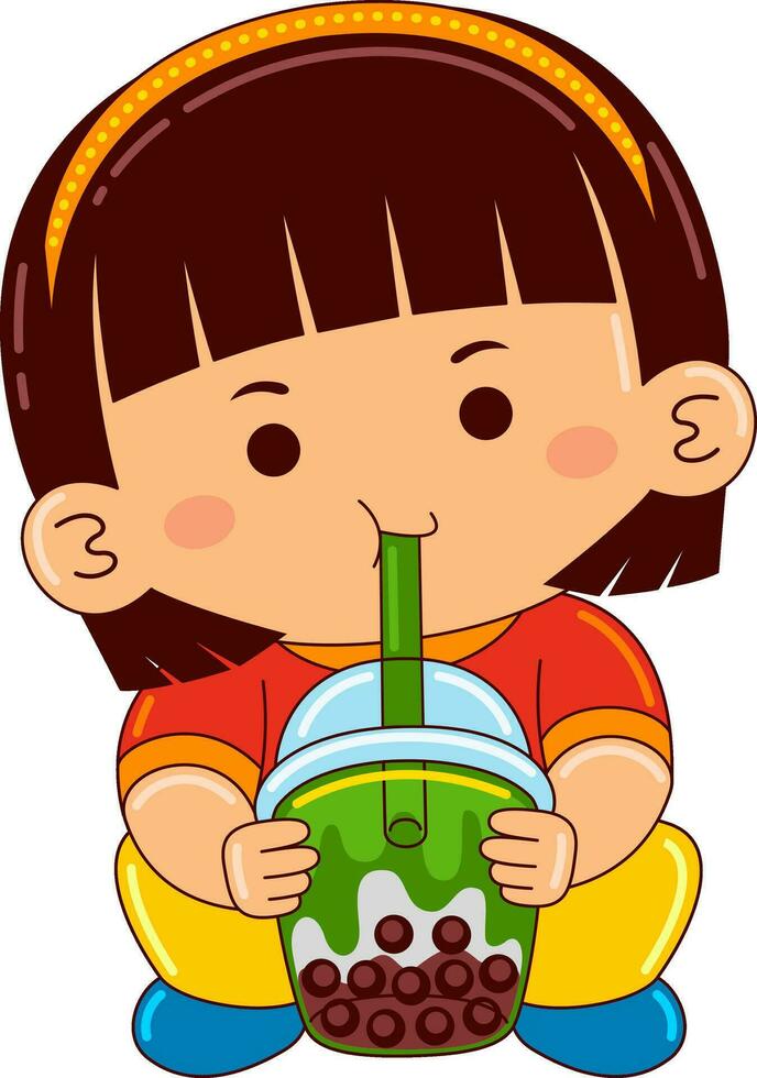 girl kids drinking iced bubble vector illustration