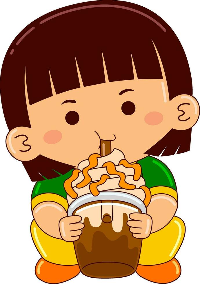 girl kids drinking iced bubble vector illustration