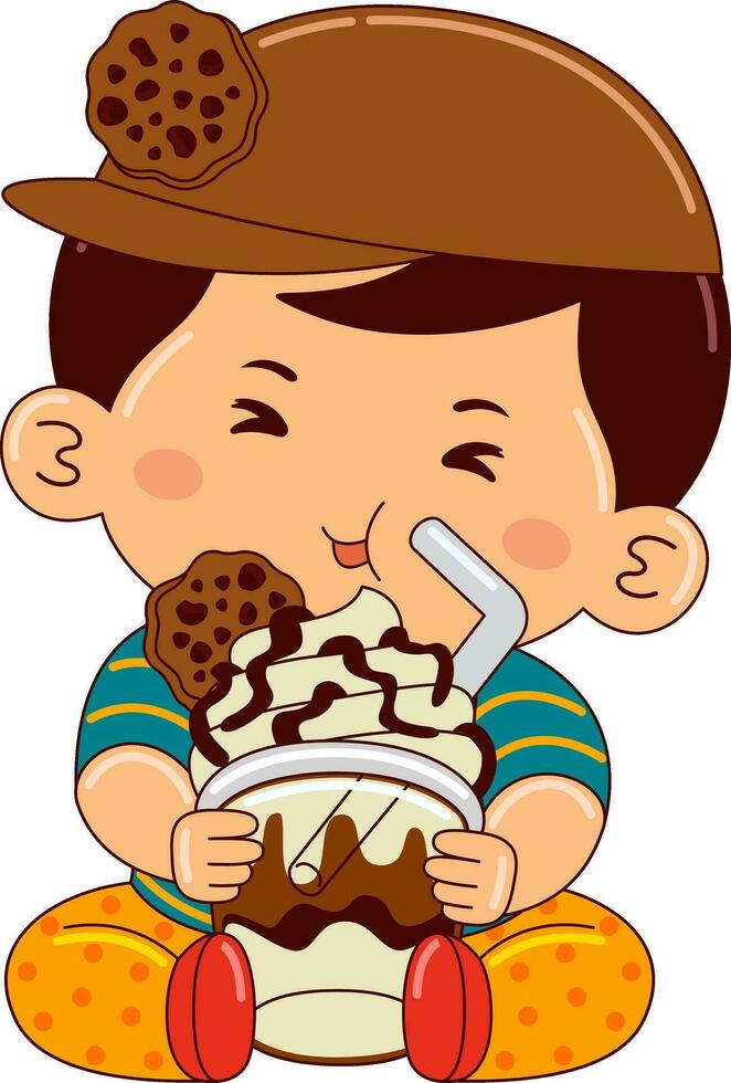 boy kids drinking iced bubble vector illustration