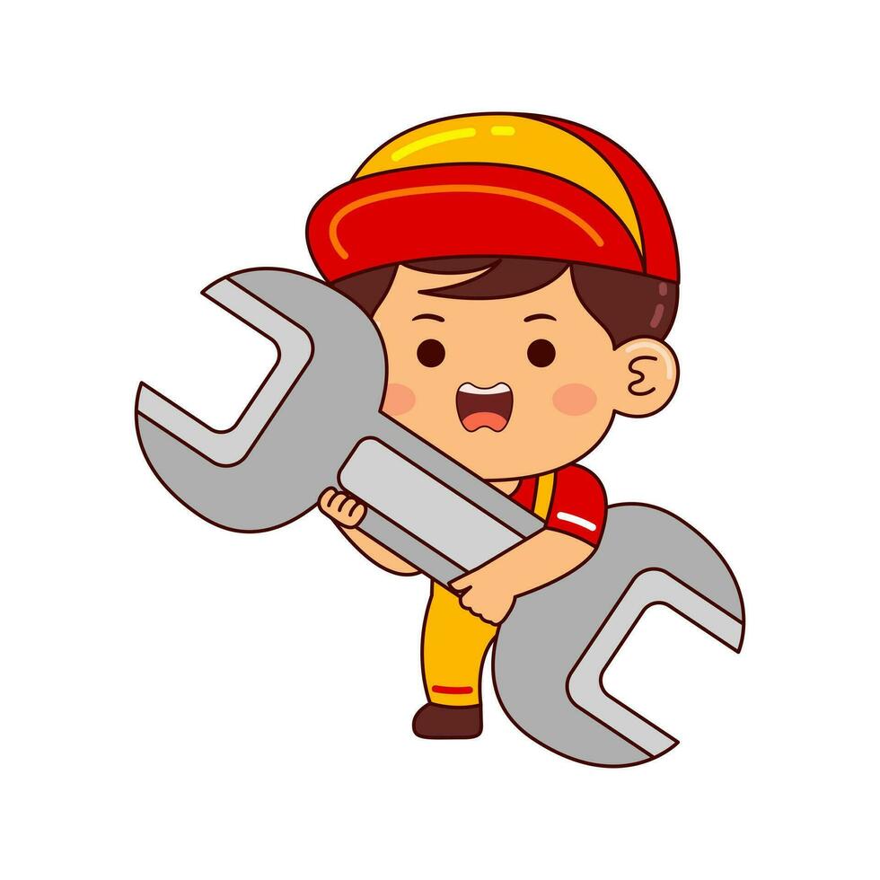 cute mechanic boy cartoon character vector illustration