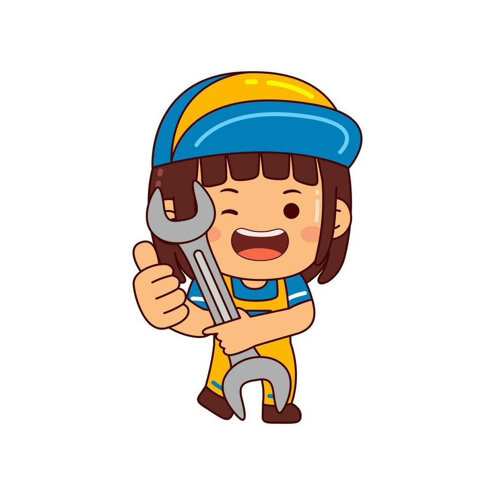 cute mechanic girl cartoon character vector illustration