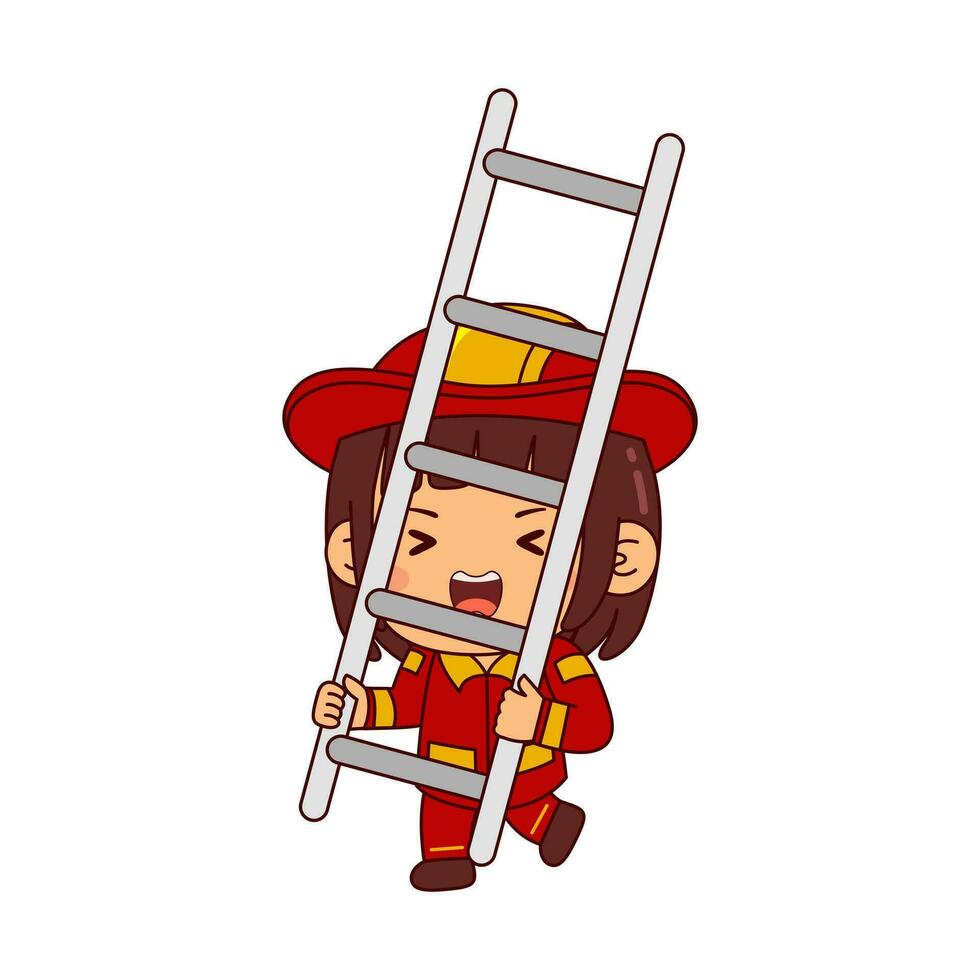 cute firefighter girl cartoon character vector illustration