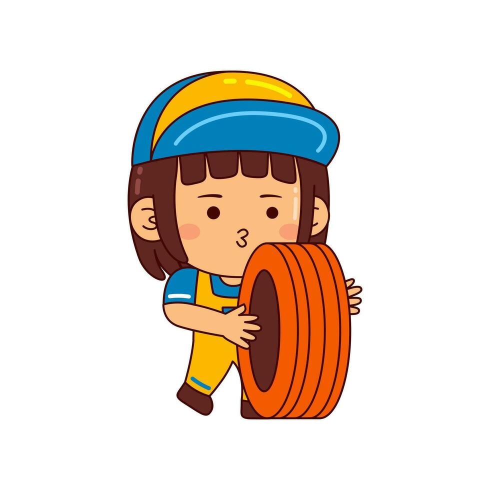 cute mechanic girl cartoon character vector illustration