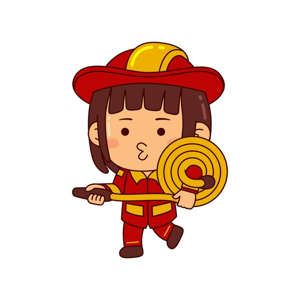 cute firefighter girl cartoon character vector illustration